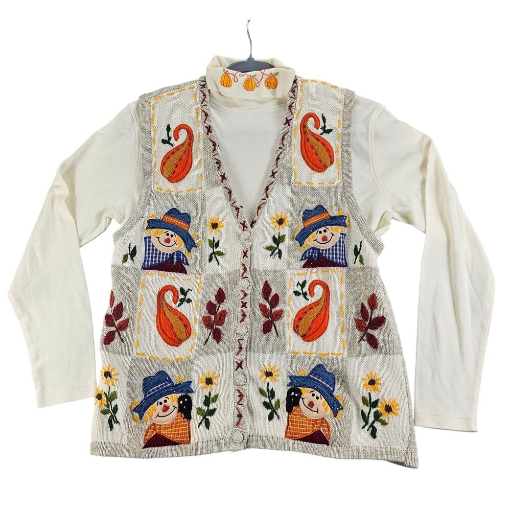Vintage Bobbie Brooks Fall Sweater Vest Set Scarecrows Gourds Women L Grannycore